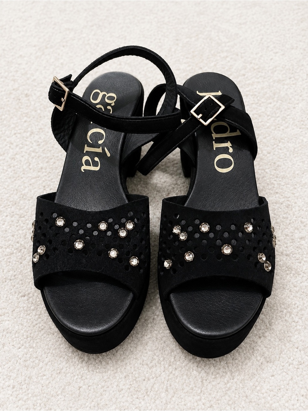 NWOT- Pedro Garcia Dori Black Suede Crystal Platform Sandals 38.5